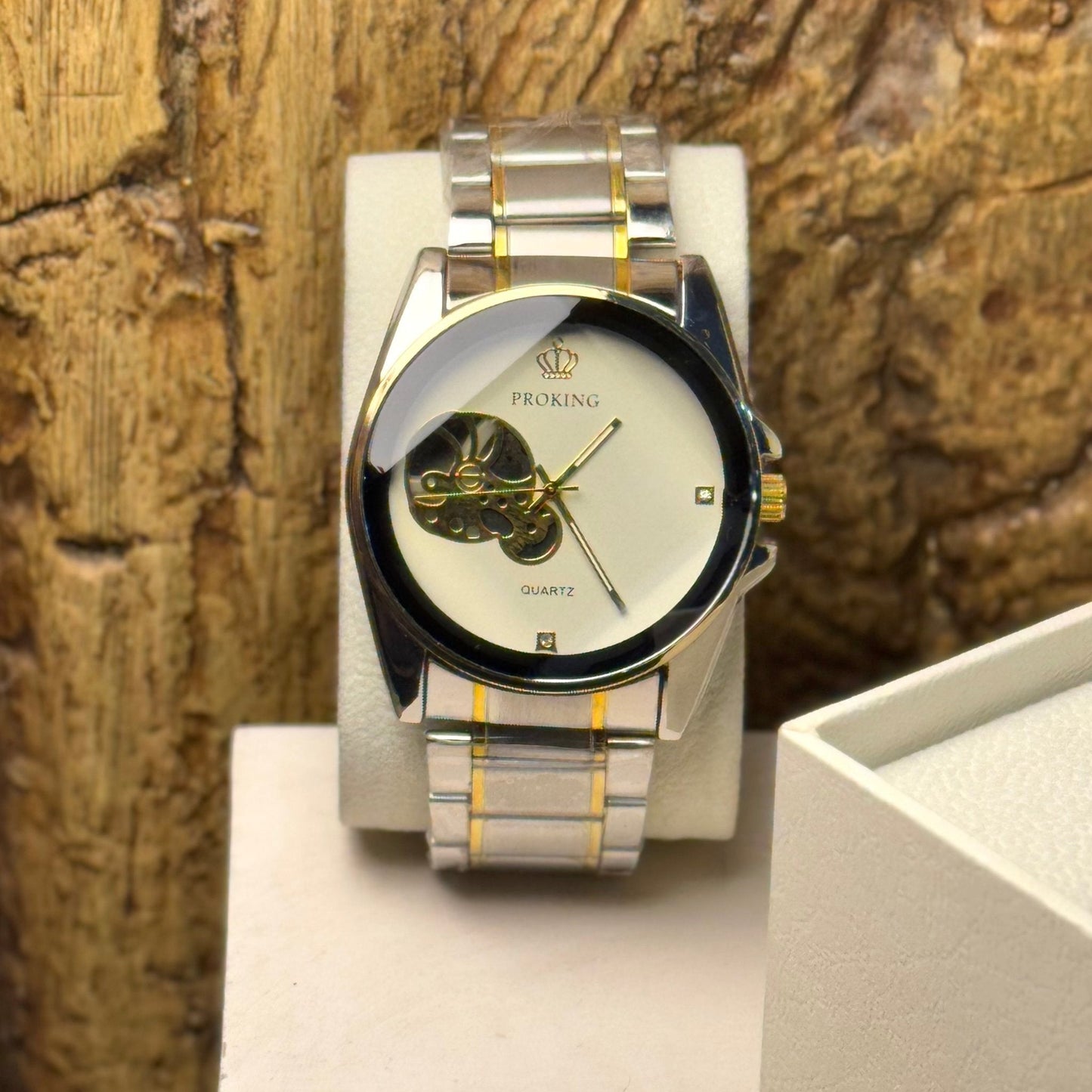 Proking Silver & Gold Skeleton Dial Quartz Ur – Elegant Design