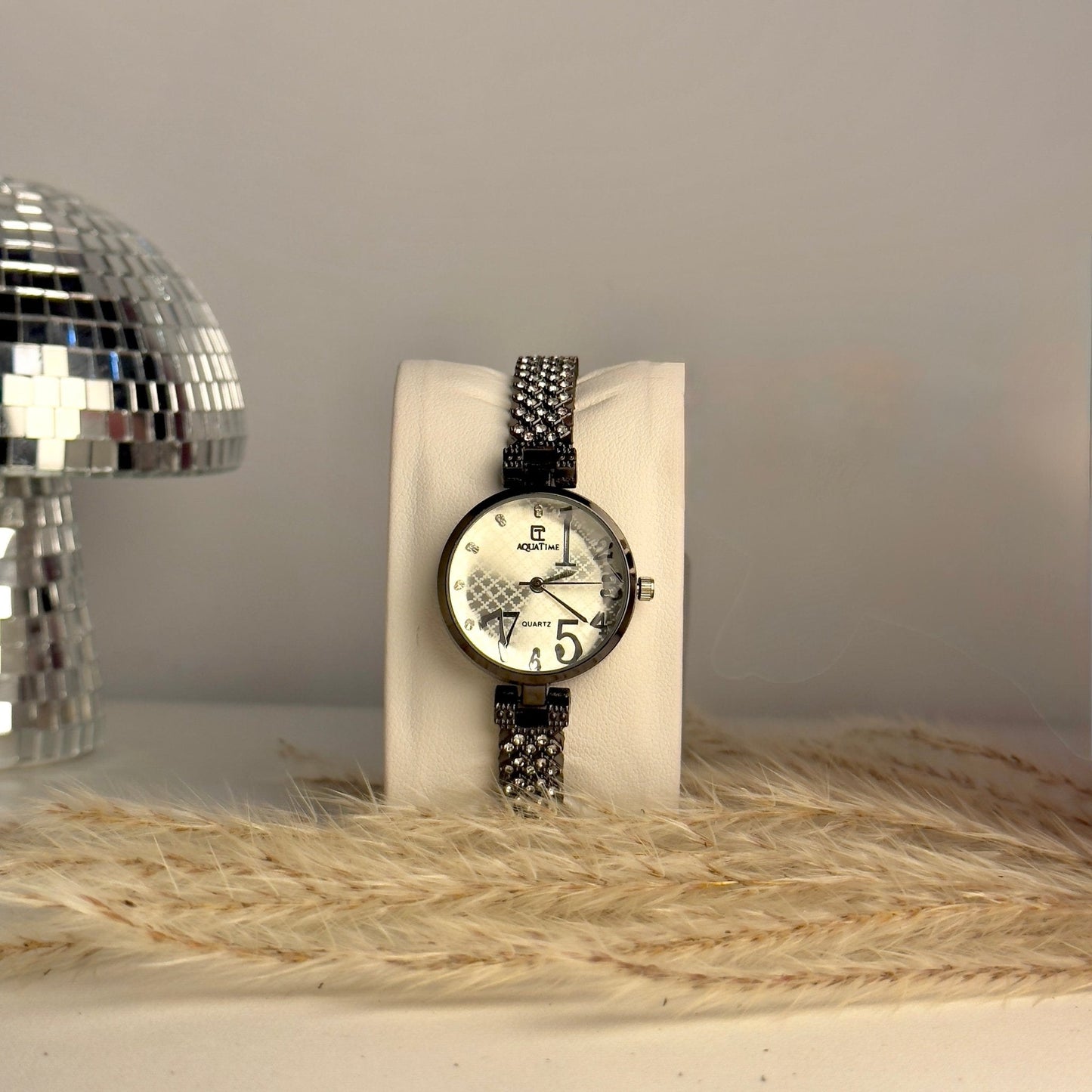 Textured Dual Tone Dial with Black Crystal Chain. Watch